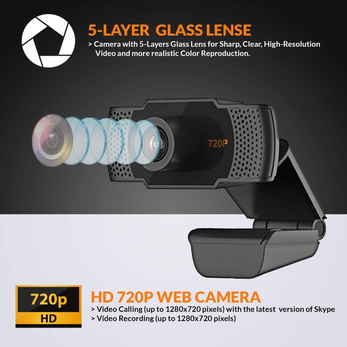 Tizum HD 720p Webcam, Manual Focus, Widescreen Viewing Angle, Auto Light Correction