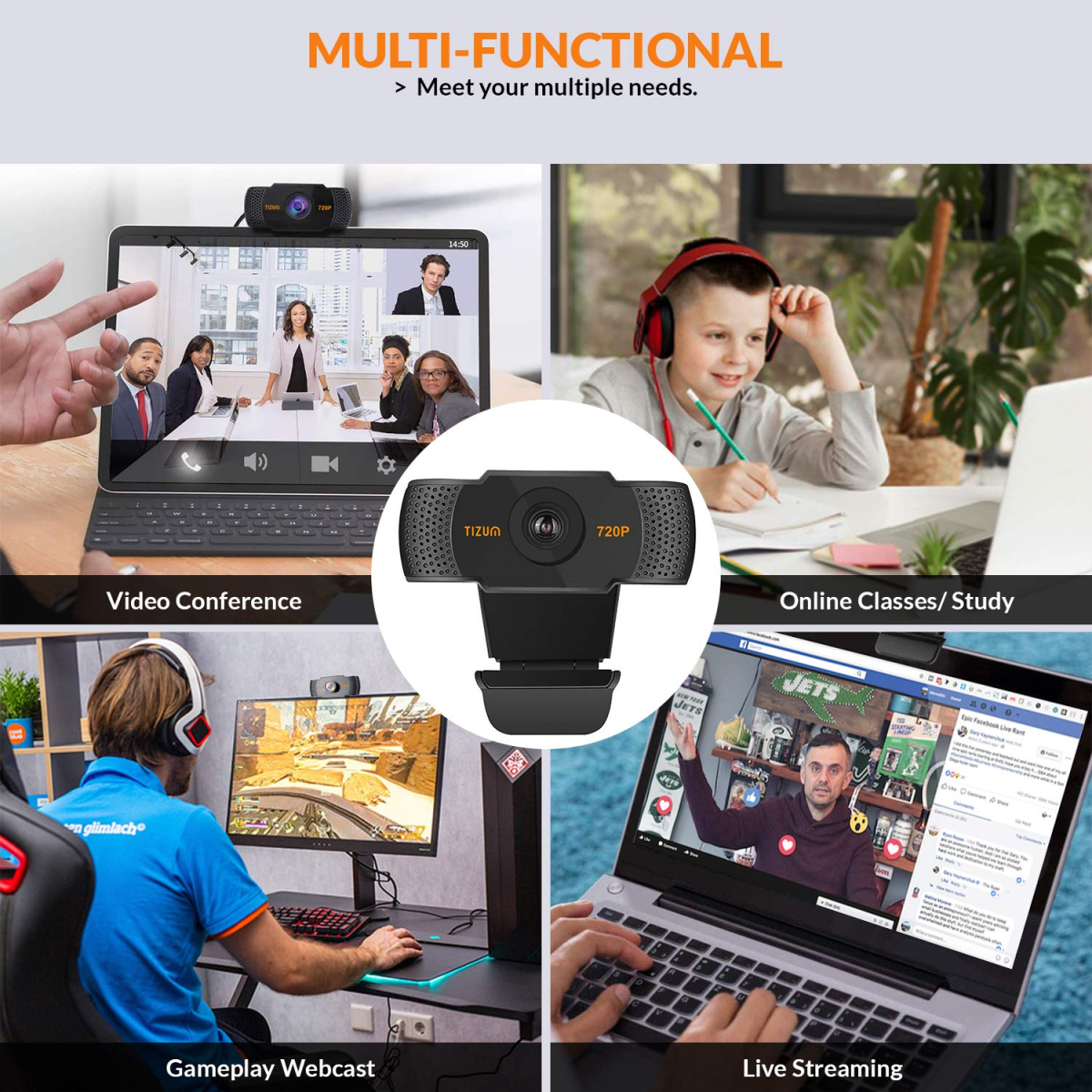 Tizum HD 720p Webcam, Manual Focus, Widescreen Viewing Angle, Auto Light Correction