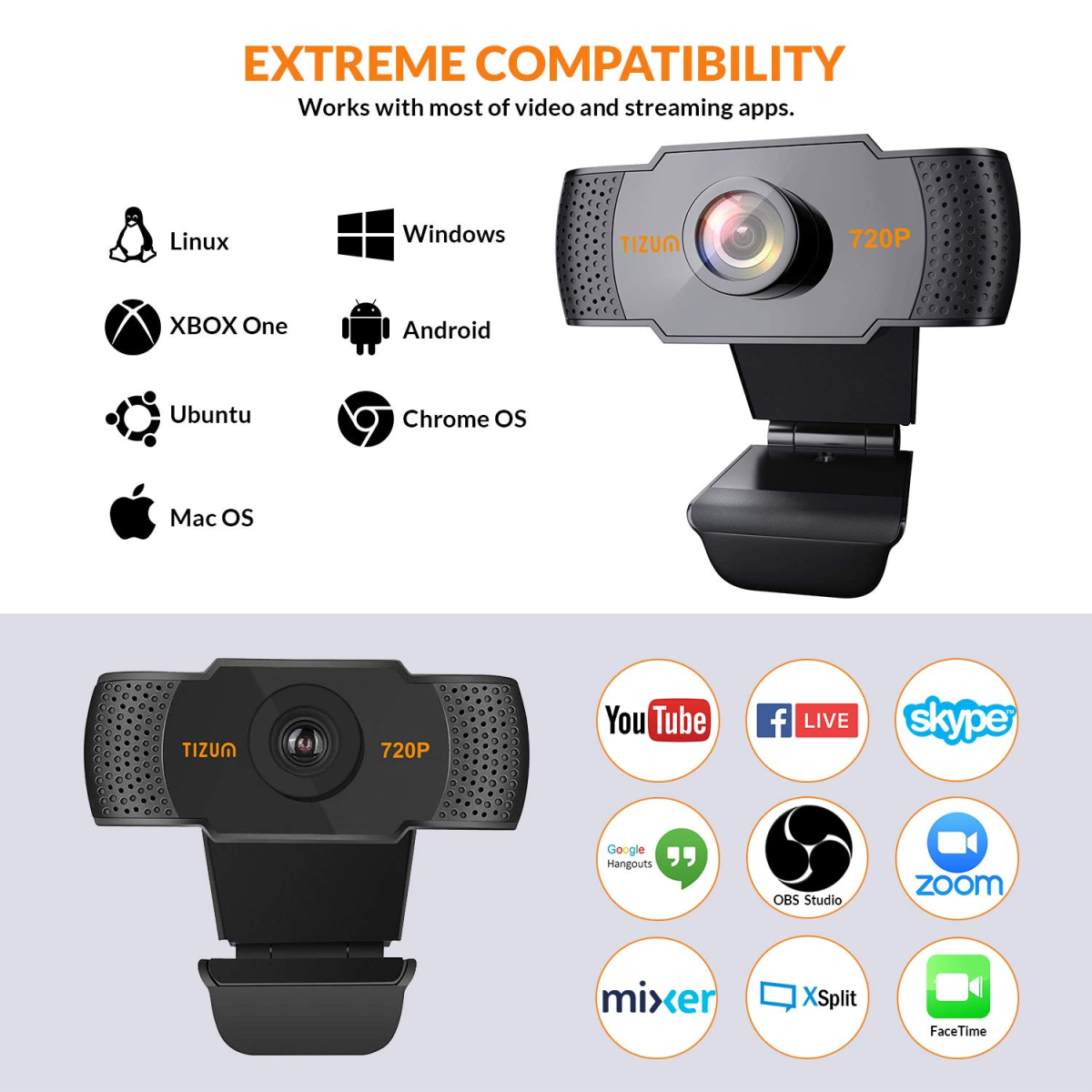 Tizum HD 720p Webcam, Manual Focus, Widescreen Viewing Angle, Auto Light Correction