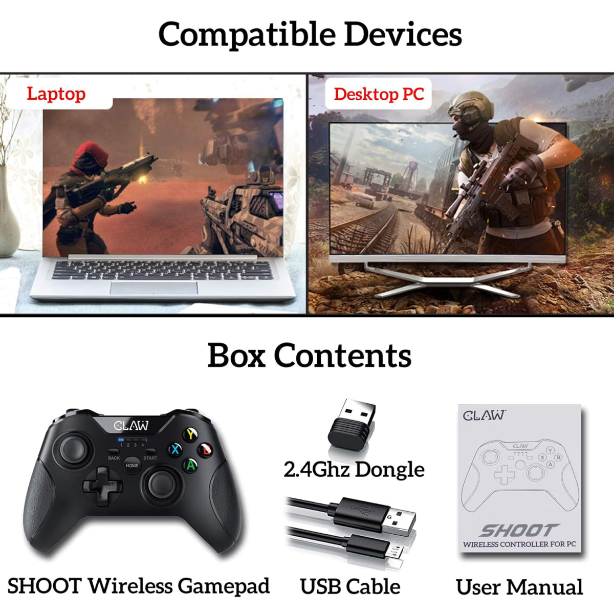 Claw shoot wireless 2.4ghz usb gamepad controller for pc supports windows xp/7/8/10 with rubberized textured grip and dual vibration motors