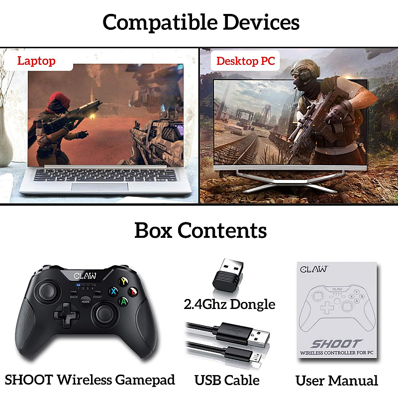 Claw shoot wireless 2.4ghz usb gamepad controller for pc supports windows xp/7/8/10 with rubberized textured grip and dual vibration motors 