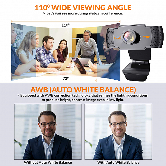 Tizum HD 720p Webcam, Manual Focus, Widescreen Viewing Angle, Auto Light Correction 