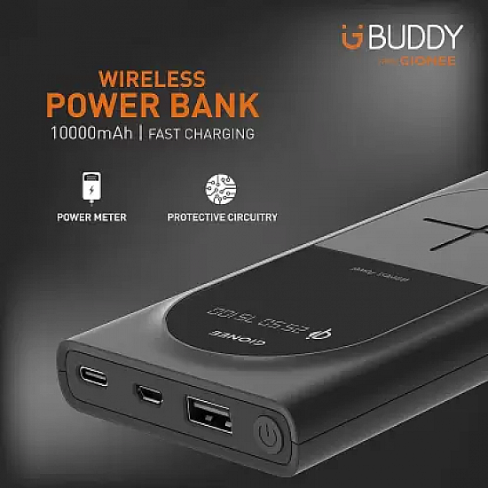 Gionee 10000mAh Li-Polymer Wireless Charging Power Bank with USB Port and Power Meter