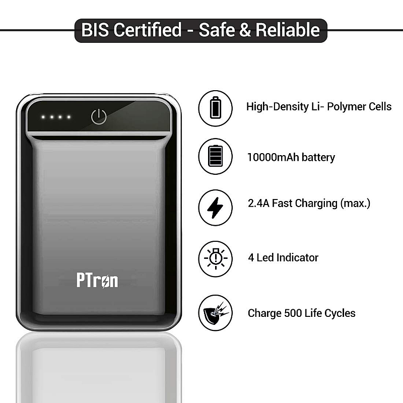 PTron Dynamo 10000mAh Li-Polymer Power Bank, BIS Certified, Ultra-Compact, 2.4A Fast Charging