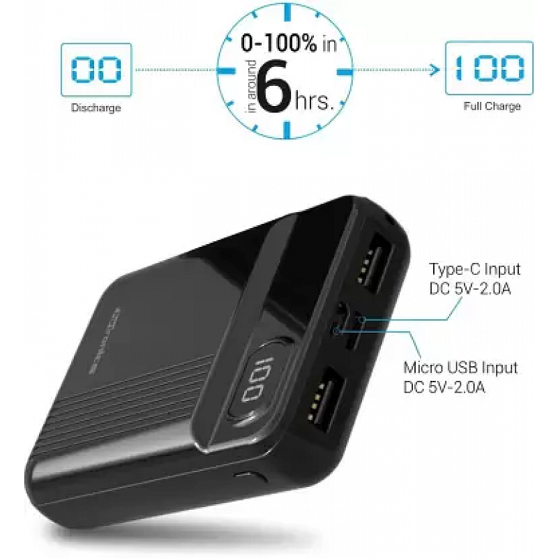 Portronics Indo 10D 10,000 mAh Power Bank Dual Input(Type C + Micro USB) and Dual Output with Display (Black) 