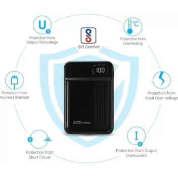 Portronics Indo 10D 10,000 mAh Power Bank Dual Input(Type C + Micro USB) and Dual Output with Display (Black)