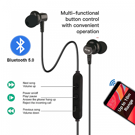 pTron Zap Magnetic in-Ear Wireless Bluetooth Headphones, 22 Hours Music Time & Built-in Mic - (Black)