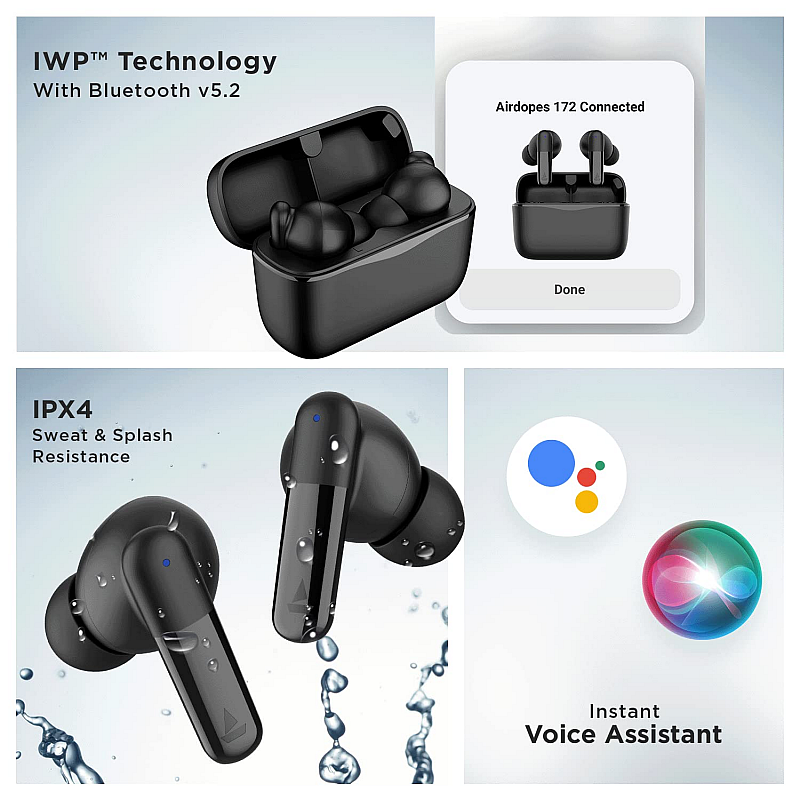 boAt Airdopes 172 True Wireless in Ear Earbuds with Enx Tech, Beast Mode, 35H Playtime, IPX4, IWP, Touch Controls(Stunning Black)