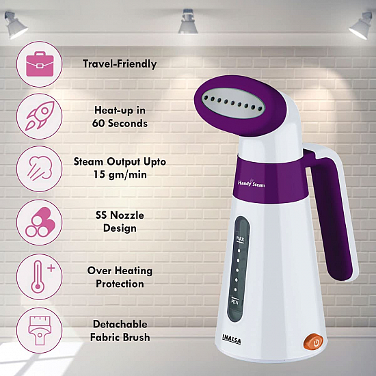 Inalsa Garment Steamer Handy Steam-600W with Detachable Fabric Brush and 120ml Capacity, (White/Purple)