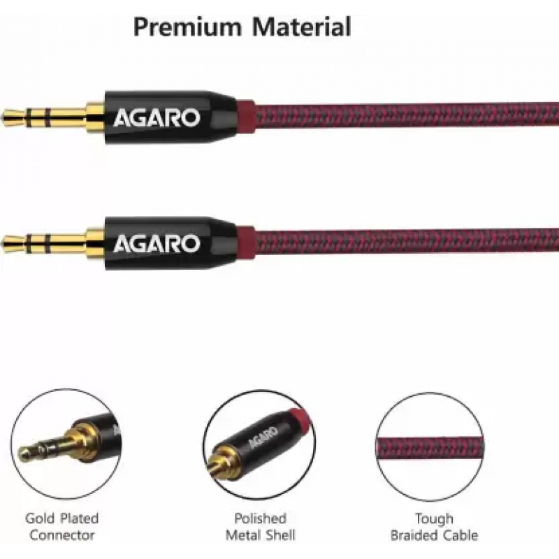 AGARO 3.5mm Male to Male Gold Plated Aux Connectors, 2 Meters Tough Nylon Braided Audio Cable