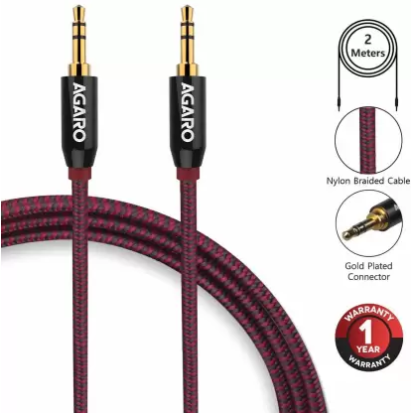 AGARO 3.5mm Male to Male Gold Plated Aux Connectors, 2 Meters Tough Nylon Braided Audio Cable AGARO 3.5mm Male to Male Gold Plated Aux Connectors, 2 Meters Tough Nylon Braided Audio Cable