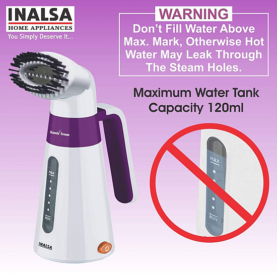 Inalsa Garment Steamer Handy Steam-600W with Detachable Fabric Brush and 120ml Capacity, (White/Purple)