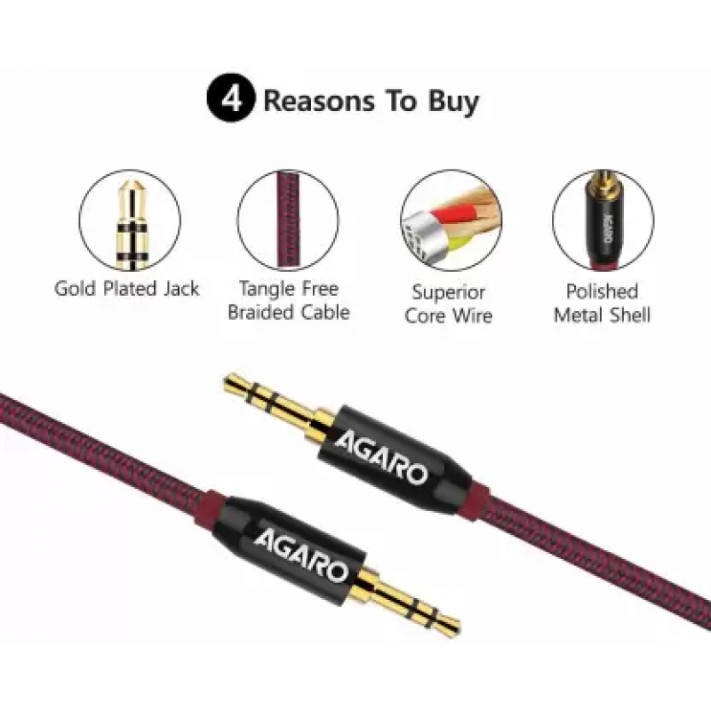 AGARO 3.5mm Male to Male Gold Plated Aux Connectors, 2 Meters Tough Nylon Braided Audio Cable