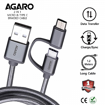 AGARO USBA to Micro Type C Nylon Braided 1.2M Cable