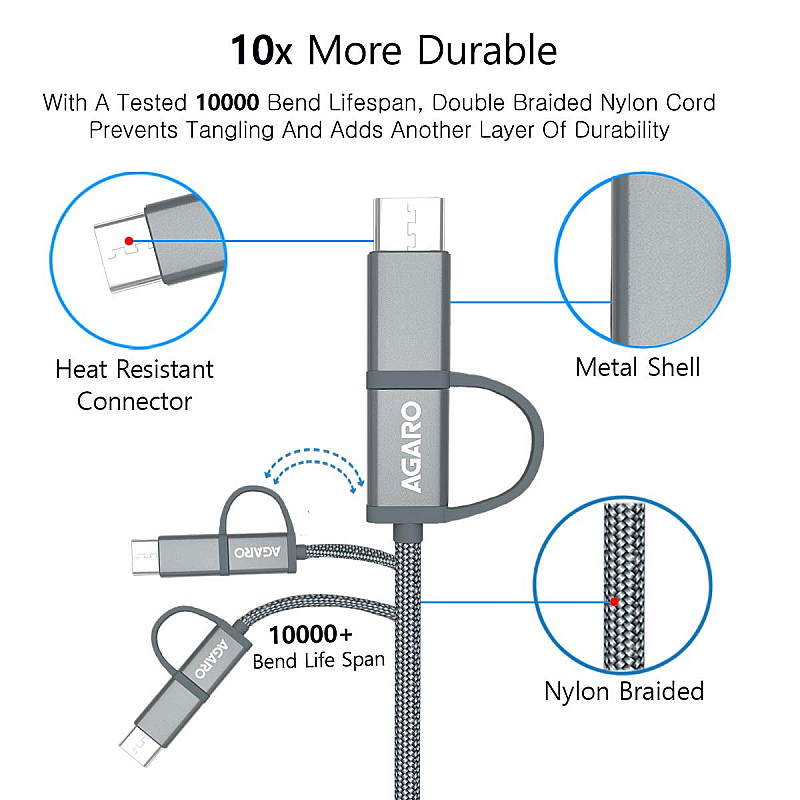 AGARO USBA to Micro Type C Nylon Braided 1.2M Cable