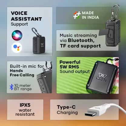 WINGS Rave 100 Made In India BT 5.2 RMS 5 Watt With Mic Wireless With 15Hrs Playtime 5 W Bluetooth Speaker (Black, Mono Channel) WINGS Rave 100 Made In India BT 5.2 RMS 5 Watt With Mic Wireless With 15Hrs Playtime 5 W Bluetooth Speaker (Black, Mono Channel)