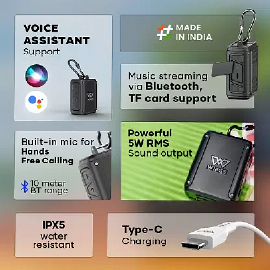 WINGS Rave 100 Made In India BT 5.2 RMS 5 Watt With Mic Wireless With 15Hrs Playtime 5 W Bluetooth Speaker  (Black, Mono Channel)