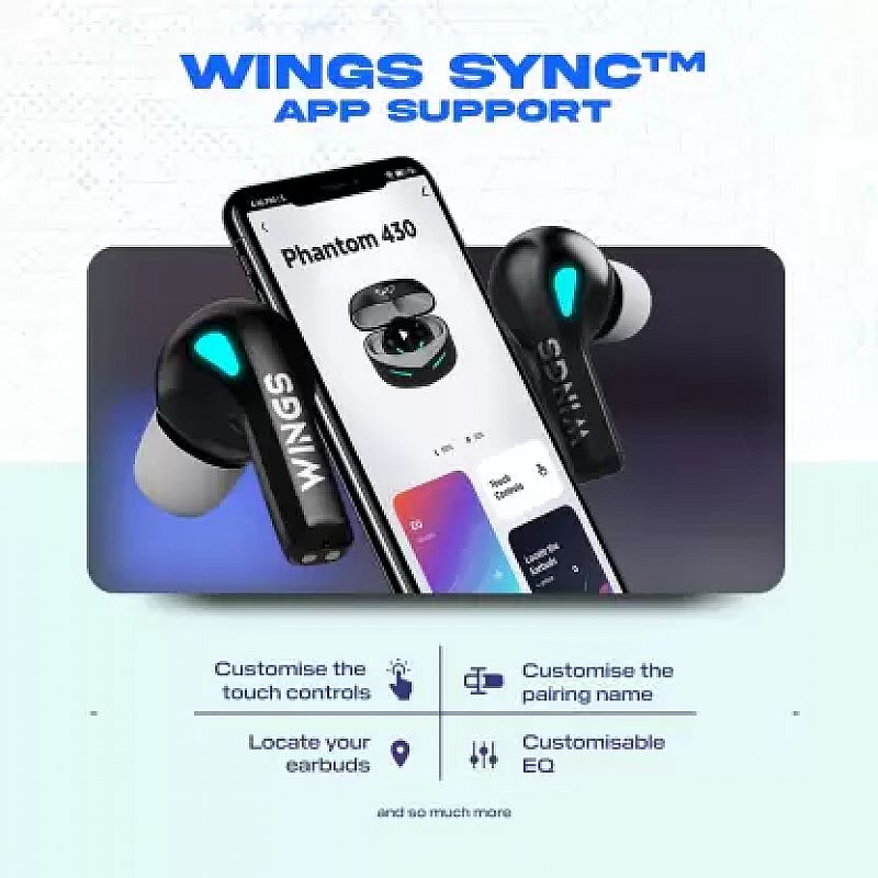 WINGS Phantom 430 with App Support, 40ms Low Latency , ENC, Upto 50hr Playtime Bluetooth Gaming Headset  (Black, Grey, True Wireless)