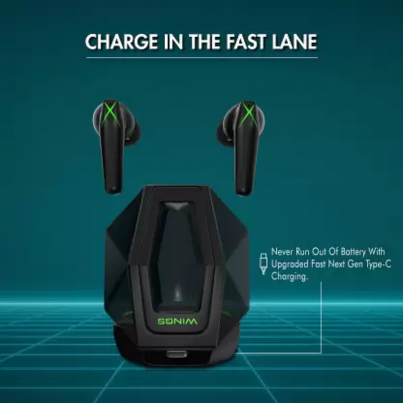 WINGS X-Fire with 25 Hrs playtime Bluetooth5.3, 50ms low latency game mode Bluetooth Gaming Headset  (Black, True Wireless)