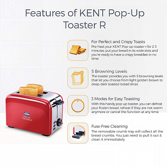 KENT 16030 850-Watt 2-Slice Pop-up Toaster (Red)