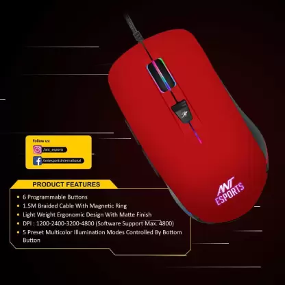 Ant Esports GM100 RGB Gaming Mouse with Optical Sensor 1000 Hz Polling Rate 4800 Dpi Red (GM 100) Ant Esports GM100 RGB Gaming Mouse with Optical Sensor 1000 Hz Polling Rate 4800 Dpi Red (GM 100)