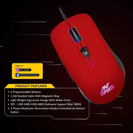 Ant Esports GM100 RGB Gaming Mouse with Optical Sensor 1000 Hz Polling Rate 4800 Dpi Red (GM 100)