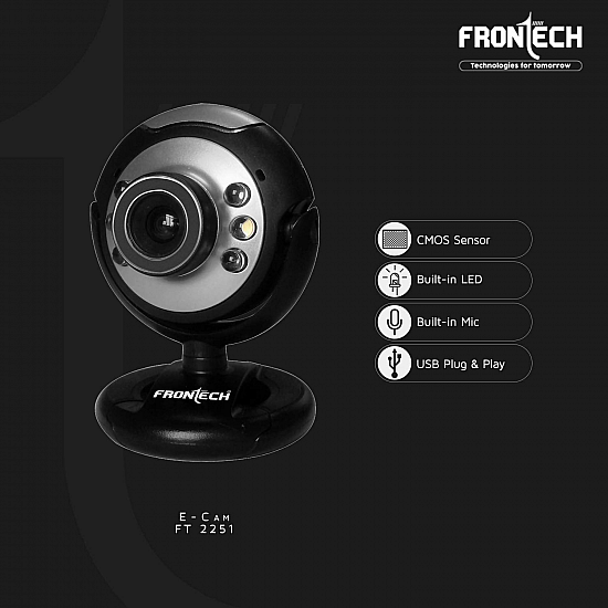 Frontech E-Cam FT-2251 Webcam Built in Mic with LED Lights for PC Web Cam for Video Calling, Video Conferencing, Online Teaching or Gaming