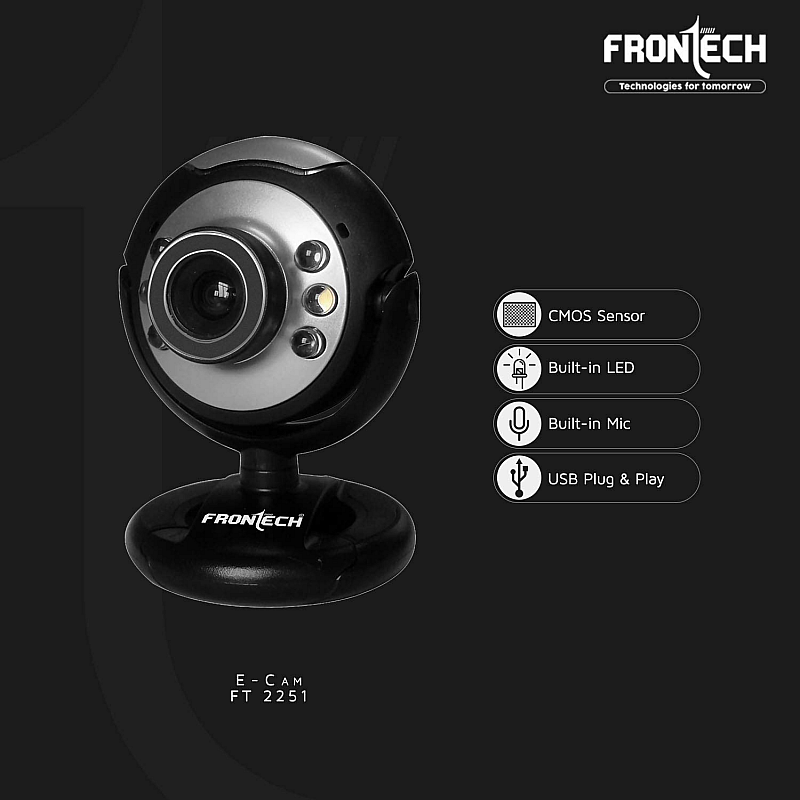 Frontech E-Cam FT-2251 Webcam Built in Mic with LED Lights for PC Web Cam for Video Calling, Video Conferencing, Online Teaching or Gaming