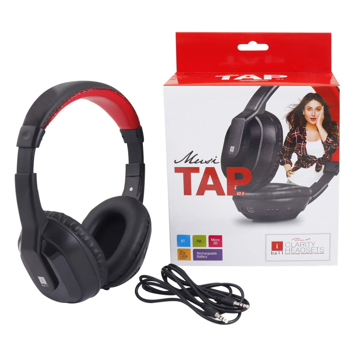 IBall Musi Tap Wireless Bluetooth Headphone with Micro SD Slot FM and AUX (Black/Red)