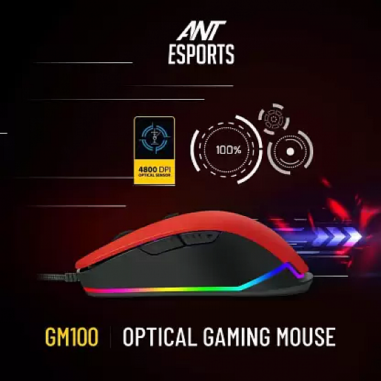 Ant Esports GM100 RGB Gaming Mouse with Optical Sensor 1000 Hz Polling Rate 4800 Dpi Red (GM 100)