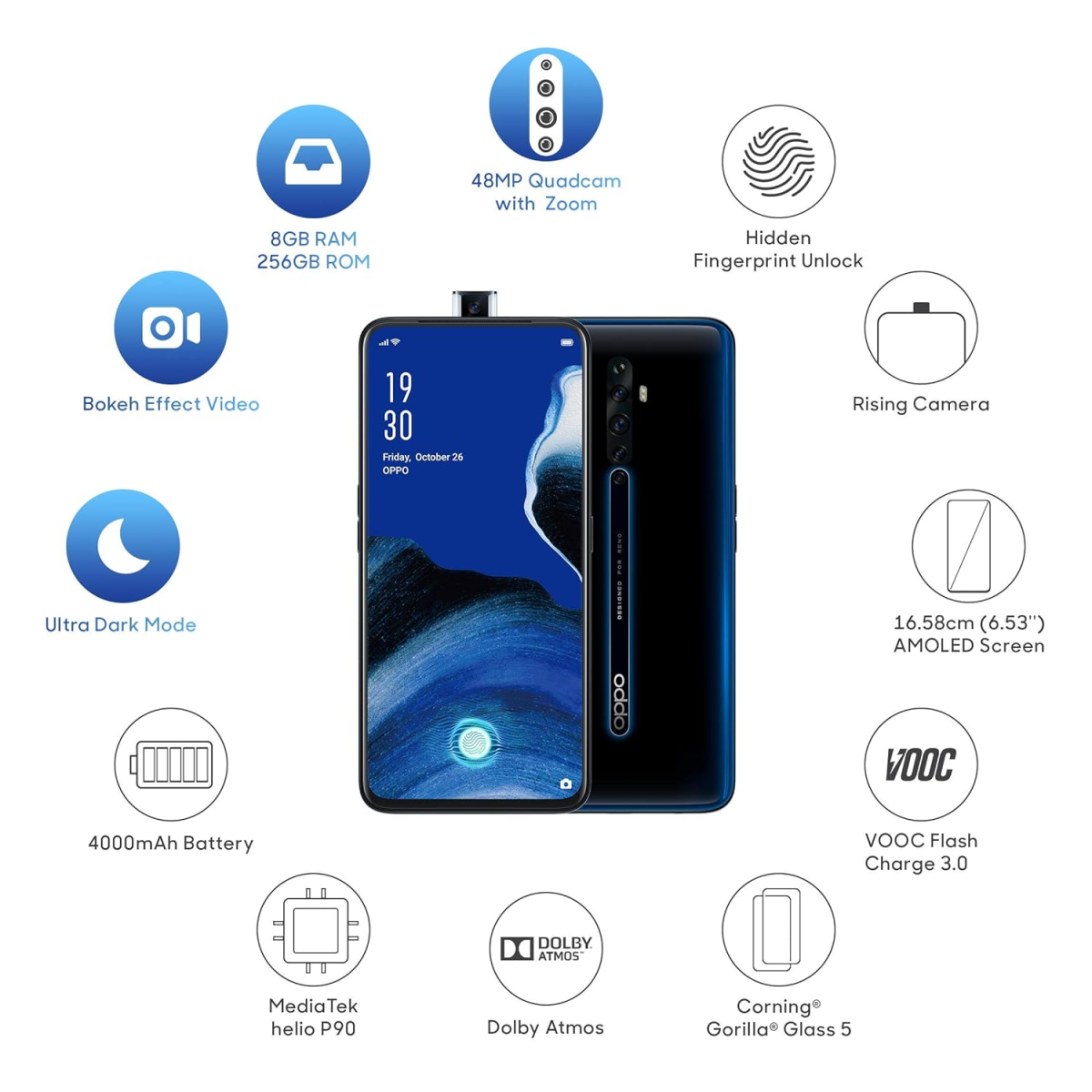 OPPO Reno2 Luminous Black 8GB RAM 256GB Storage REFURBISHED