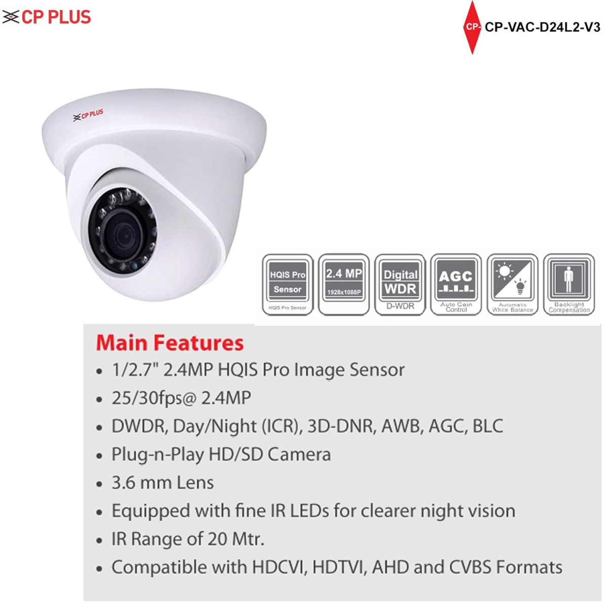 Cp Plus 2.4 Mp Indigo Full Hd Ir Bullet Camera - 20 Mtr Ir, Ip66