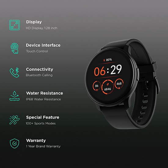 boAt Lunar Call Smartwatch with Bluetooth Calling (32.5mm HD Display, IP68 Water Resistant, Active Black Strap)