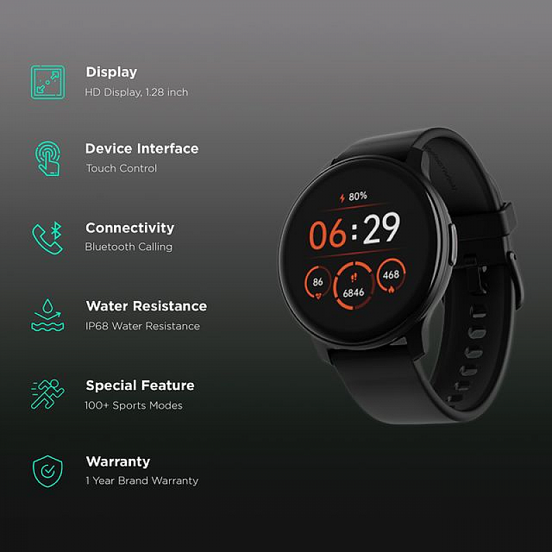 boAt Lunar Call Smartwatch with Bluetooth Calling (32.5mm HD Display, IP68 Water Resistant, Active Black Strap)