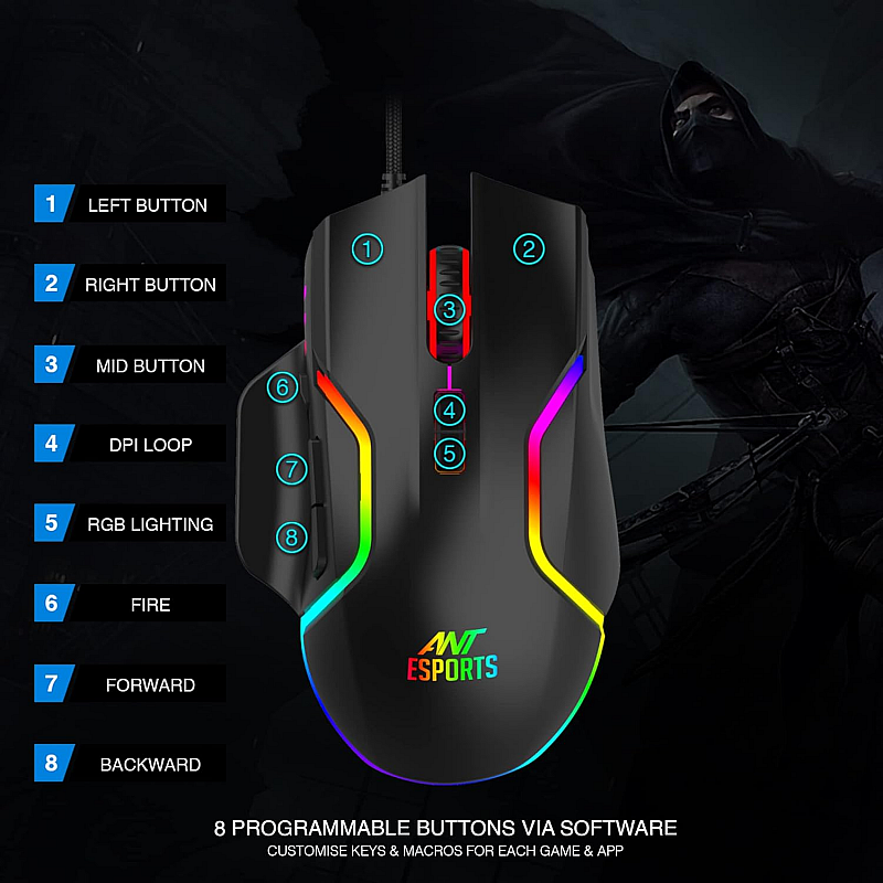 Ant Esports GM320 RGB Optical Wired Gaming Mouse 8 Programmable Buttons 7200 DPI