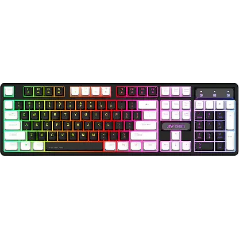 Ant Esports MK1400 Rainbow LED Illumination, White and Black Keycaps, Backlit Membrane Wired USB Gaming Keyboard  Black