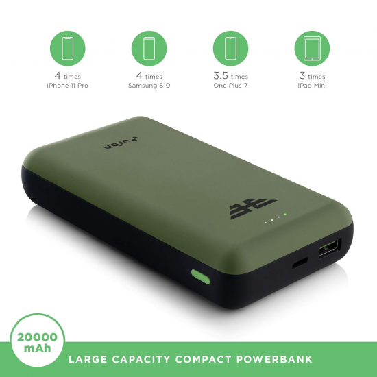 URBN 20000 mAh Lithium Polymer 22.5W Super Fast Charging Ultra Compact Power Bank with Quick Charge Power Delivery camo green