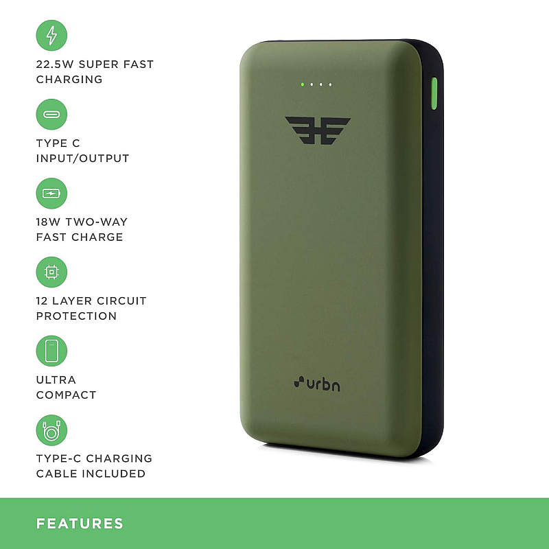 URBN 20000 mAh Lithium Polymer 22.5W Super Fast Charging Ultra Compact Power Bank with Quick Charge Power Delivery camo green