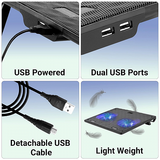 Zebronics, ZEB-NC3300 USB Powered Laptop Cooling Pad with Dual Fan, Dual USB Port and Blue LED Lights Black