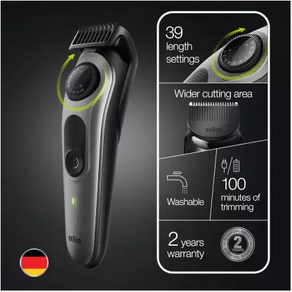 Braun BT5360, Beard Trimmer for Men, 39 Length Settings Sharp Blades, 100-min Runtime Grey Braun BT5360, Beard Trimmer for Men, 39 Length Settings Sharp Blades, 100-min Runtime Grey