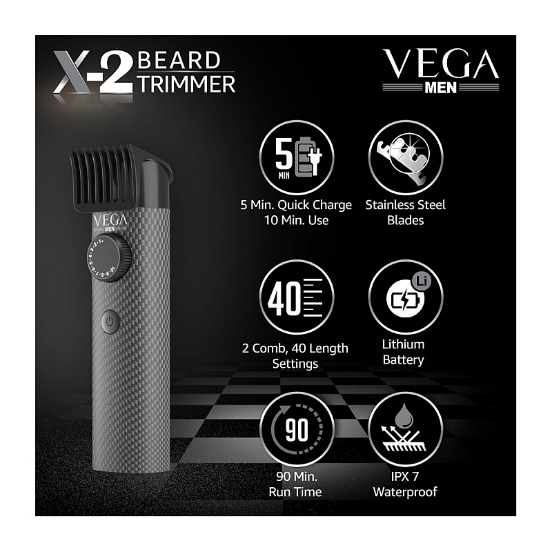 Vega X2 Beard Trimmer With Quick Charge, 90 Mins Run-time and 40 Length Settings, (VHTH-17)Black