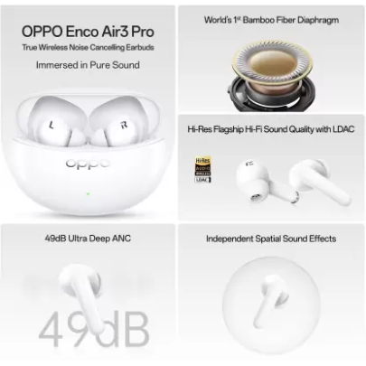 OPPO Enco Air3 Pro True Wireless in Ear Earbuds with Industry First Composite Bamboo Fiber 30H Playtime, 47ms Ultra Low Latency White OPPO Enco Air3 Pro True Wireless in Ear Earbuds with Industry First Composite Bamboo Fiber 30H Playtime, 47ms Ultra Low Latency White