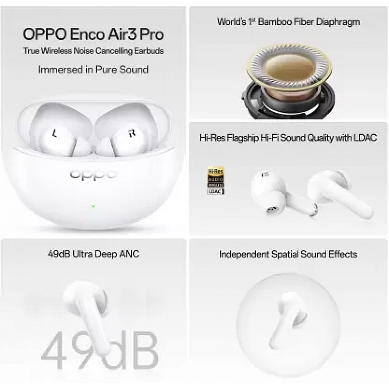 OPPO Enco Air3 Pro True Wireless in Ear Earbuds with Industry First Composite Bamboo Fiber 30H Playtime, 47ms Ultra Low Latency White