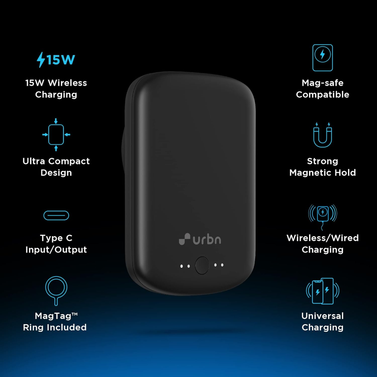 URBN 5000 mAh 15W Fast Wireless Charging Type C Input Output Magsafe Power Bank Premium Black