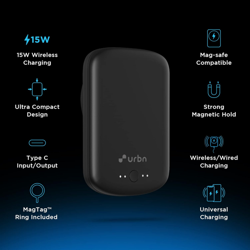 URBN 5000 mAh 15W Fast Wireless Charging  Type C Input Output Magsafe Power Bank Premium Black