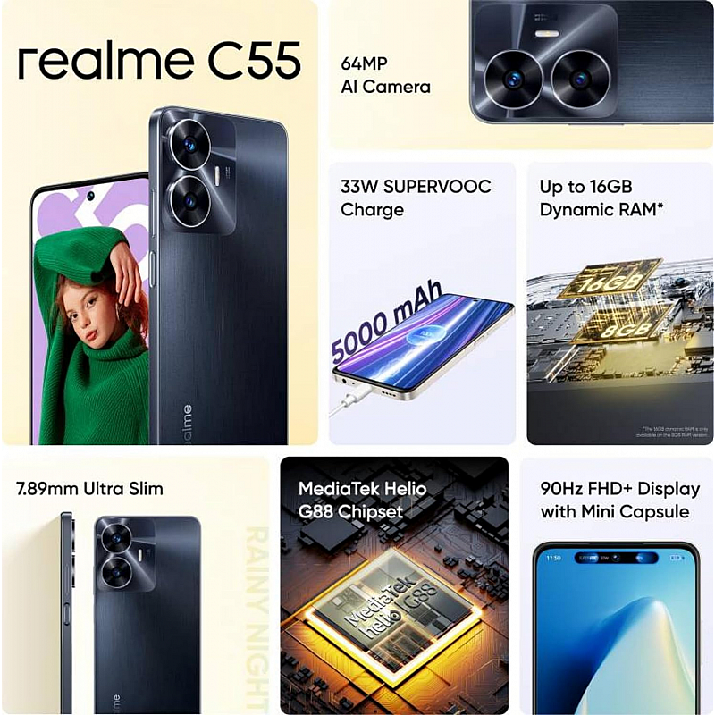 Realme C55 (Rainy Night, 6GB RAM 64GB Storage) Refurbished