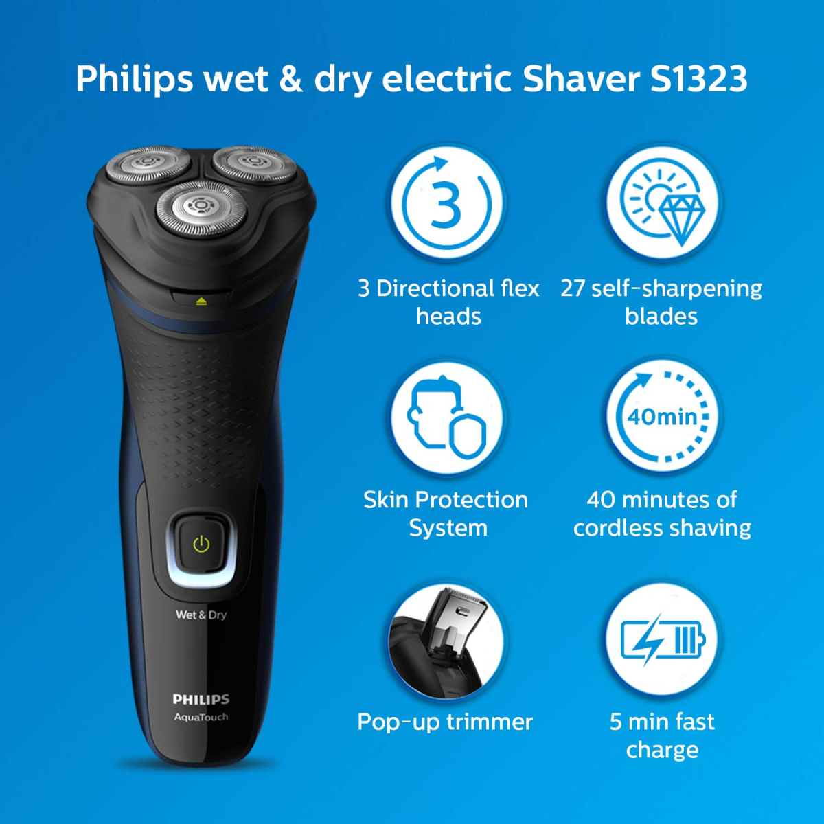 PHILIPS S1121/45 Shaver For Men (Black, Blue)