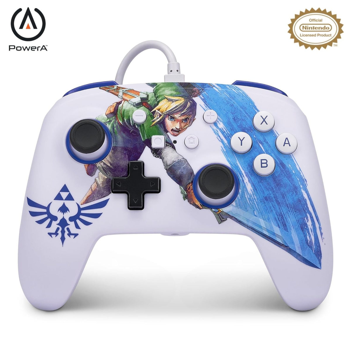 PowerA Enhanced Wired Gaming Controller for Nintendo Switch The Legend of Zelda, Master Sword Attack, White Blue