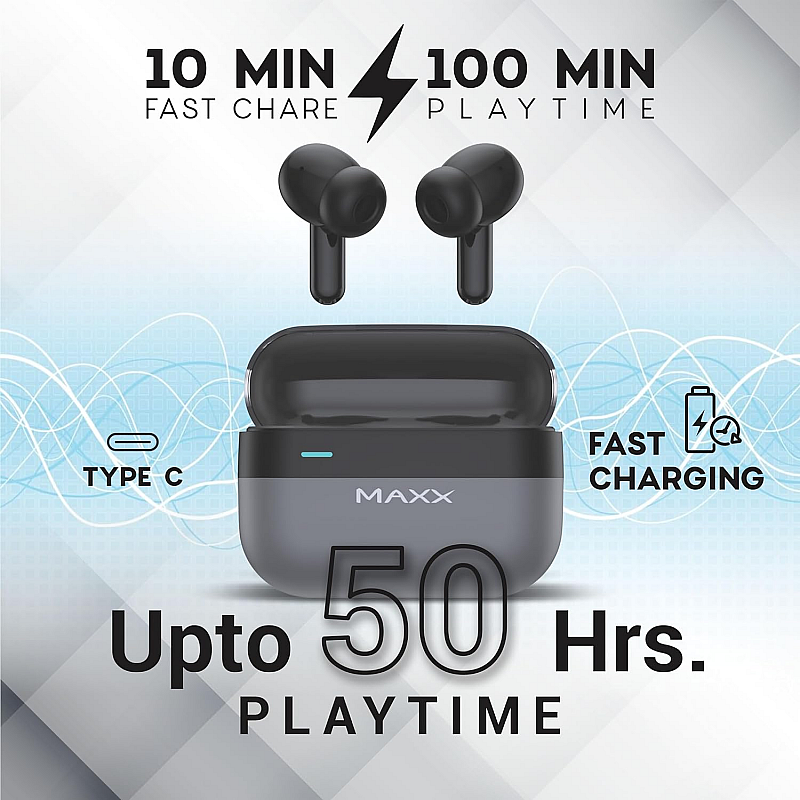 Maxx PX10 True Wireless Earbuds with Fast Charging, Up to 50Hrs Playtime Black