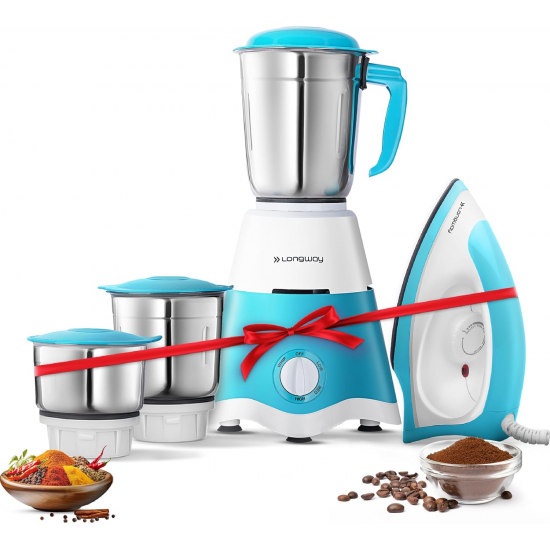 Longway Super Dlx 700 Watt Mixer Grinder with 3 Jars for Grinding, Mixing with Powerful 1100 Watt Dry Iron Blue and White